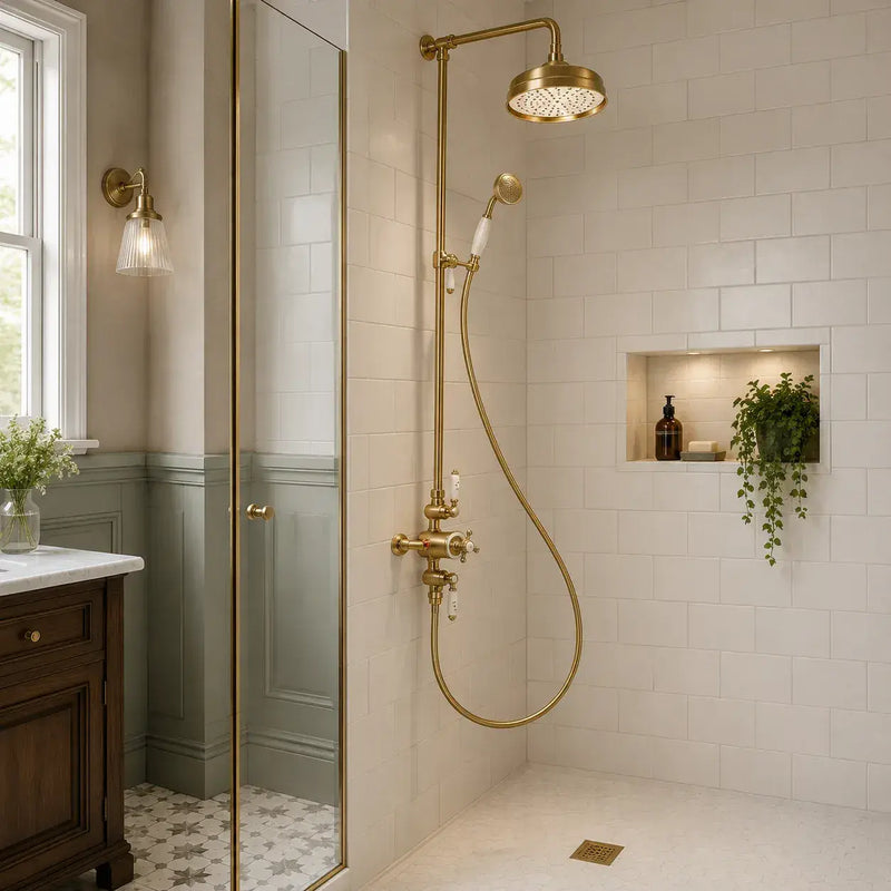 Derwents Traditional Exposed Thermostatic Dual Head Shower Kit Brushed Brass