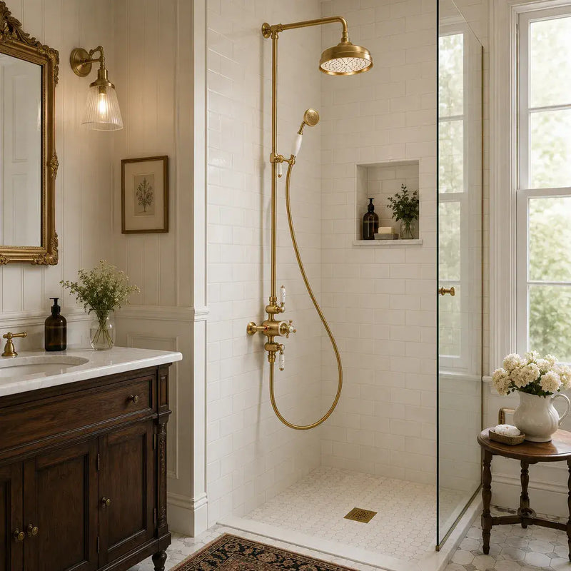 Derwents Traditional Exposed Thermostatic Dual Head Shower Kit Brushed Brass
