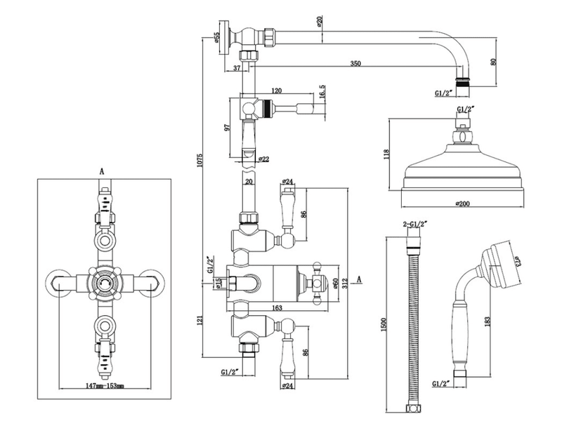 Derwents Traditional Exposed Thermostatic Dual Head Shower Kit Brushed Brass