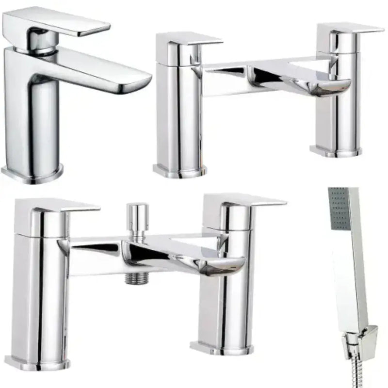 Deva Square Bath, Light Grey Vanity Unit, Bath, Panels, Taps, Close Coupled Toilet and Basin
