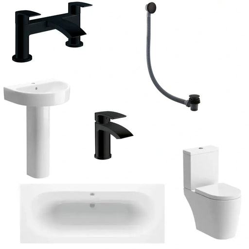 Emery Round Double Ended Reinforced Bath, Pedestal Basin, Close Coupled Toilet, Black, Taps & Waste
