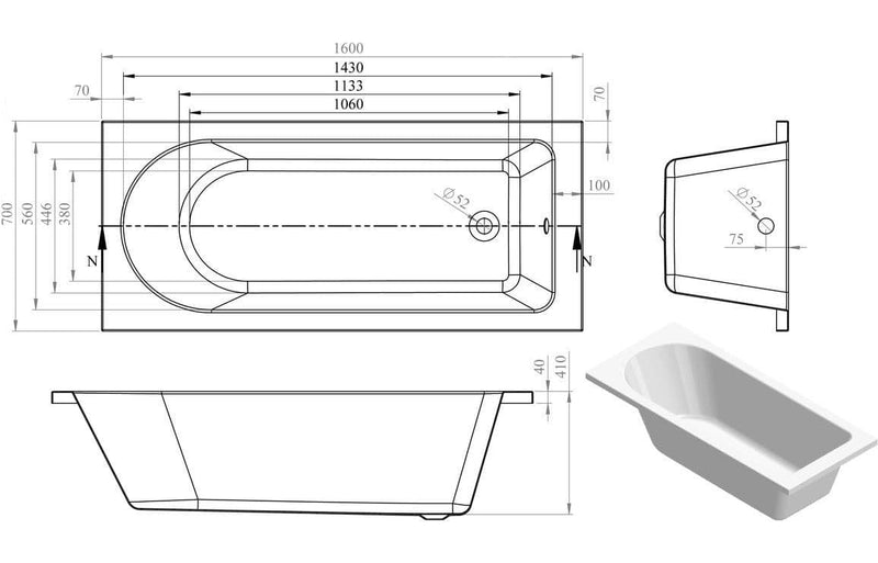 Emery Single Ended Bath 1600mm x 700mm