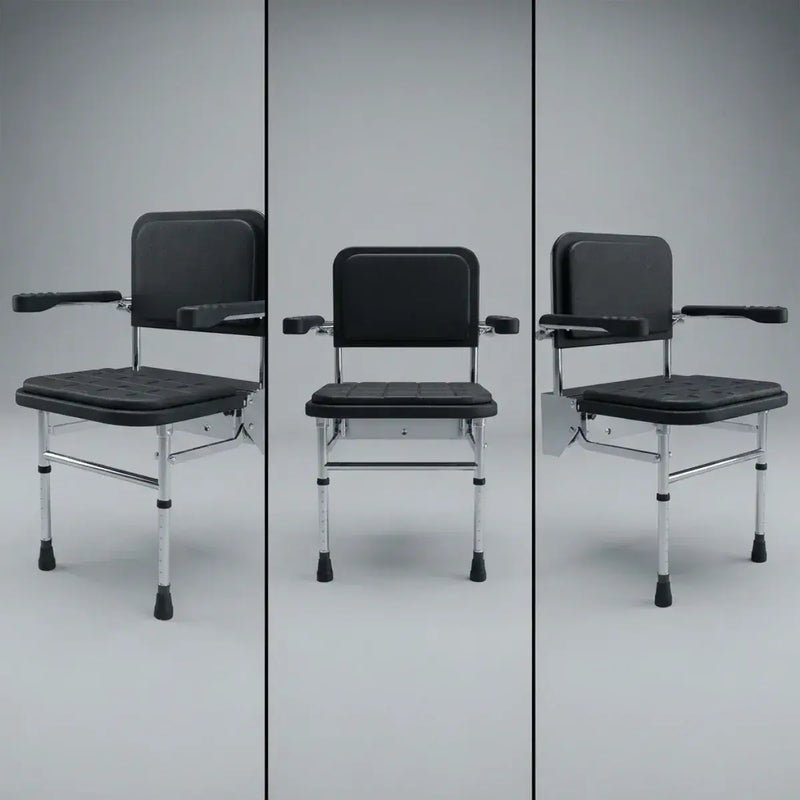 Fitzroy Folding Shower Seat with Back Rest, Arms and Legs - Black & Polished Chrome