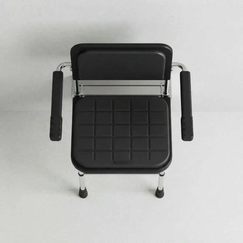 Fitzroy Folding Shower Seat with Back Rest, Arms and Legs - Black & Polished Chrome