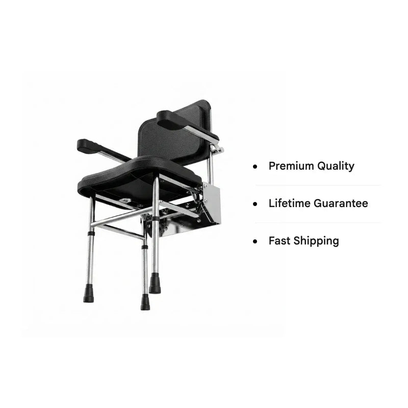 Fitzroy Folding Shower Seat with Back Rest, Arms and Legs - Black & Polished Chrome