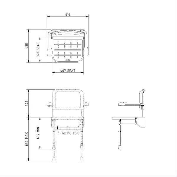 Fitzroy Folding Shower Seat with Back Rest, Arms and Legs - Black & Polished Chrome