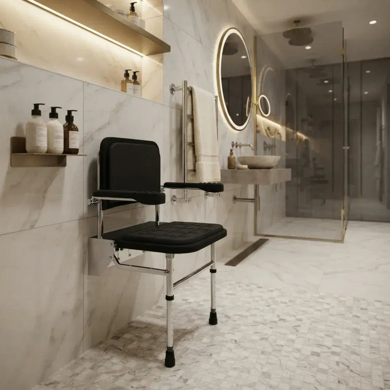 Fitzroy Folding Shower Seat with Back Rest, Arms and Legs - Black & Polished Chrome