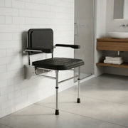 Fitzroy Folding Shower Seat with Back Rest, Arms and Legs - Black & Polished Chrome