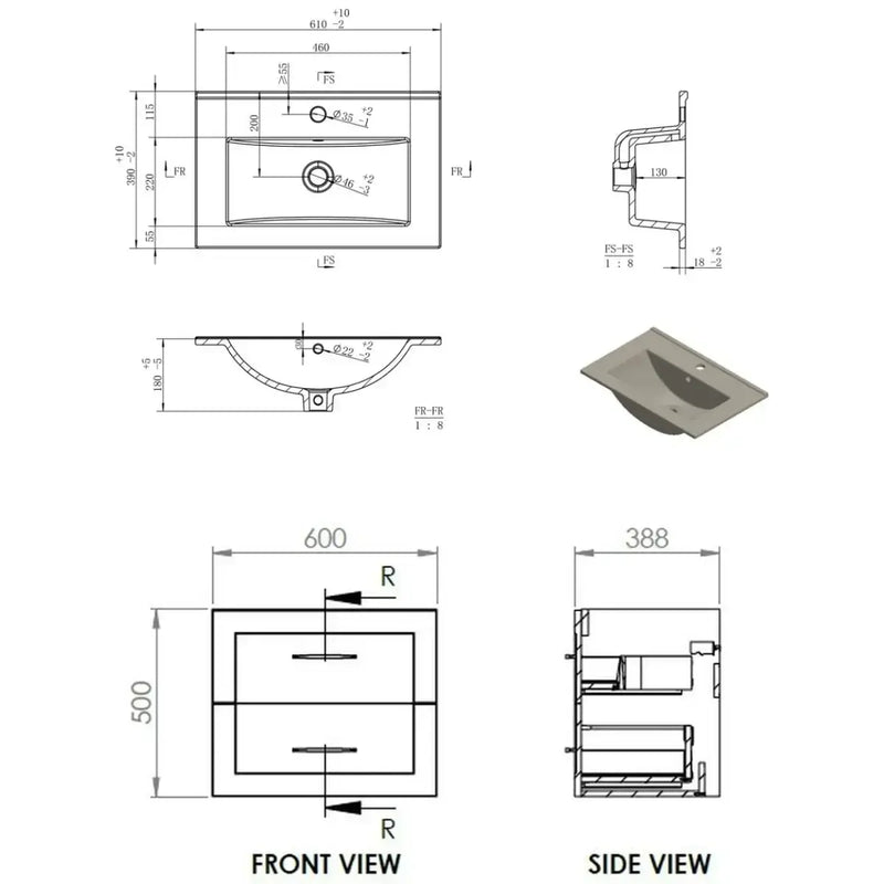 Genevieve 615mm Matt White 2 Drawer Wall Hung Vanity Unit inc Basin
