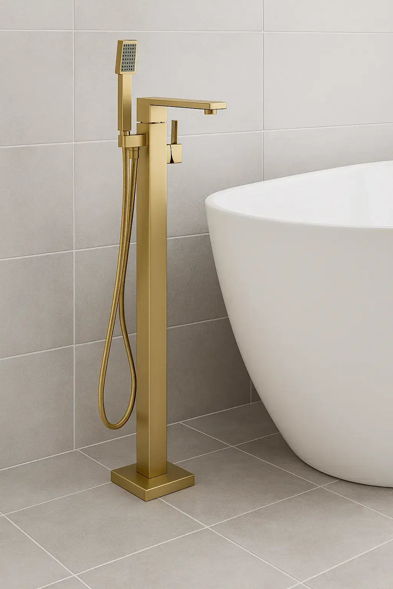 Genoa Floor Standing Bath Shower Mixer Tap, Brushed Brass