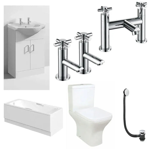 Granada Bathroom Pack with Bath, 2 Tap Hole Basin Unit, Taps and Toilet