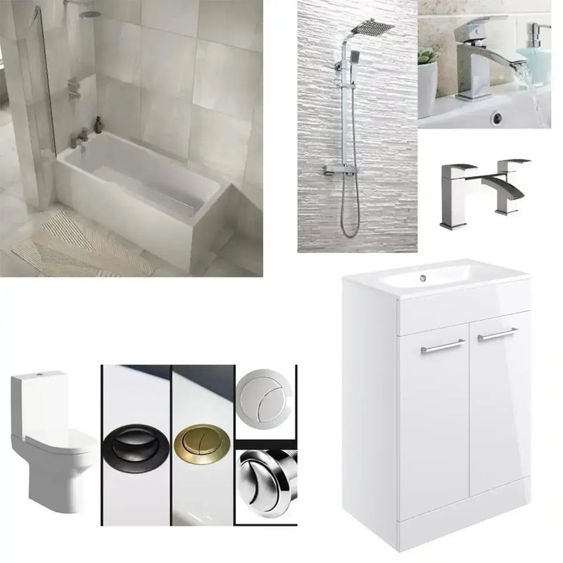 IBath Shower Bath with Bath Screen, Serpens Toilet, Vanity Unit, Shower & Taps Pack