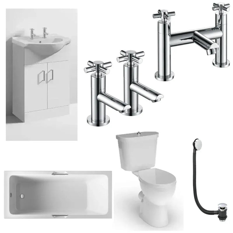 Icare Assist Bathroom Pack with Low Height Bath, Raised Height Toilet and 2 Tap Hole Vanity Unit