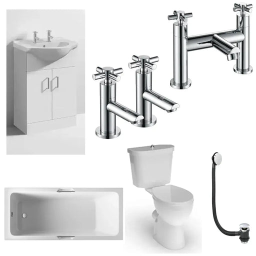 Icare Assist Bathroom Pack with Low Height Bath, Raised Height Toilet and 2 Tap Hole Vanity Unit