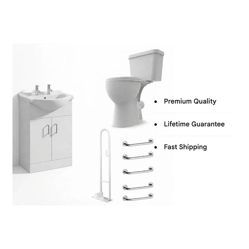Icare Bathroom Pack with Comfort Height Toilet, Grab Rails & 2 Tap Hole Vanity - Push Button Cistern