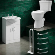Icare Bathroom Pack with Comfort Height Toilet, Grab Rails & 2 Tap Hole Vanity - Push Button Cistern