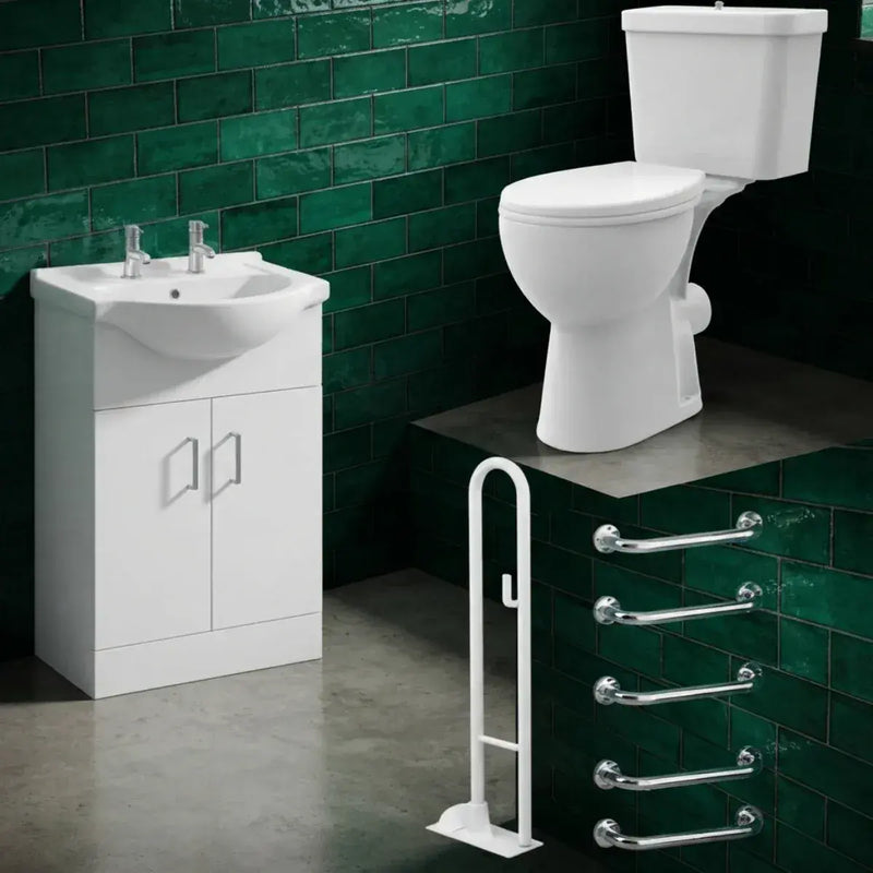 Icare Bathroom Pack with Comfort Height Toilet, Grab Rails & 2 Tap Hole Vanity - Push Button Cistern