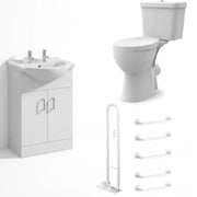 Icare Bathroom Pack with Comfort Height Toilet, Grab Rails & 2 Tap Hole Vanity - Push Button Cistern - Grey