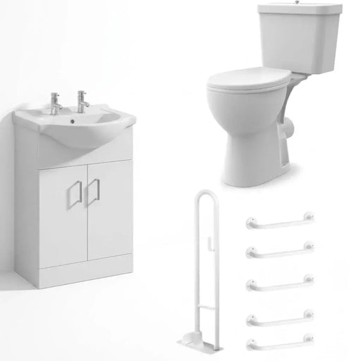 Icare Bathroom Pack with Comfort Height Toilet, Grab Rails & 2 Tap Hole Vanity - Push Button Cistern - Grey