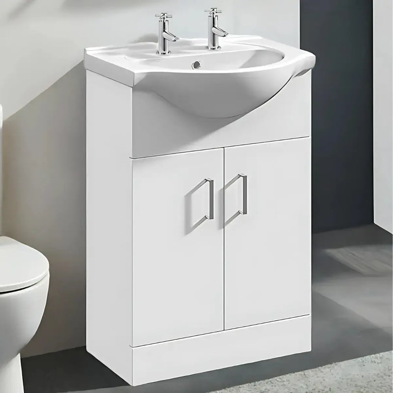 Icare Bathroom Pack with Comfort Height Toilet, Grab Rails & 2 Tap Hole Vanity - Push Button Cistern