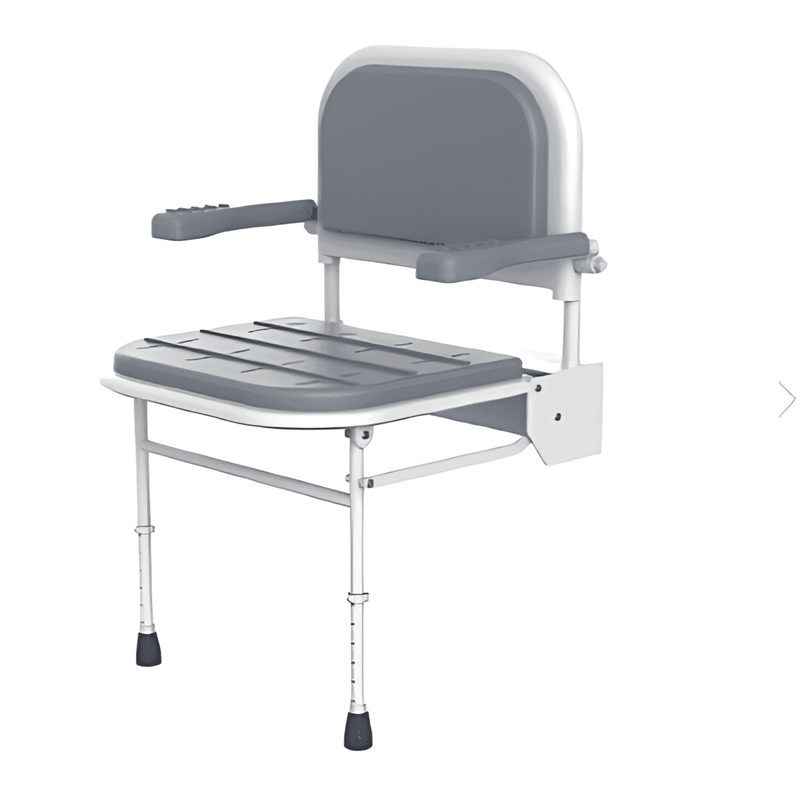 iCare Folding Shower Seat with Back Rest, Arms and Legs - White & Grey