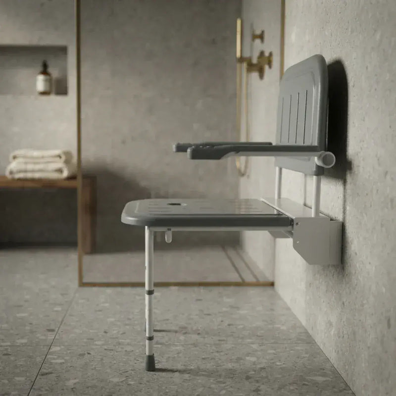 iCare Folding Shower Seat with Back Rest, Arms and Legs - White & Grey