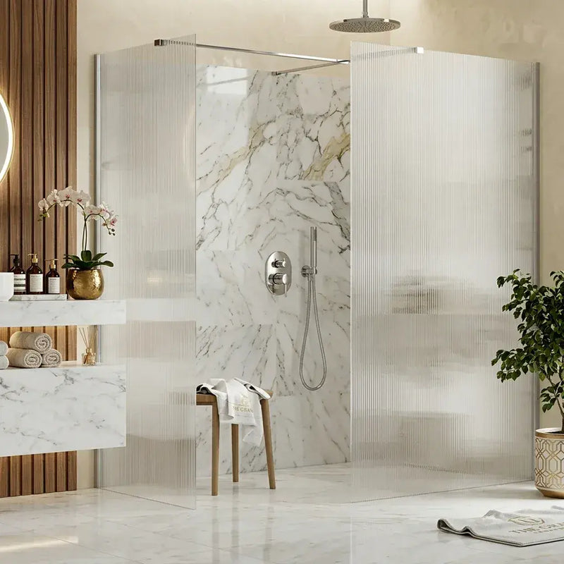 Iconplus Fluted Chrome 1200mm Walk in Shower Screen, Optional Side Panel