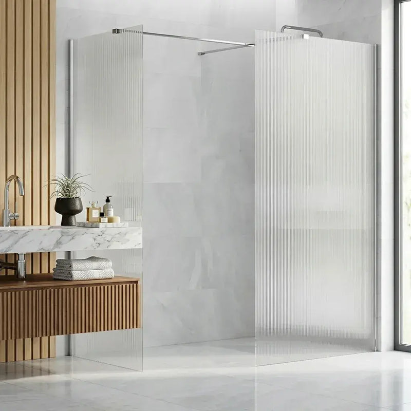 Iconplus Fluted Chrome 900mm Walk in Shower Screen, Optional Side Panel