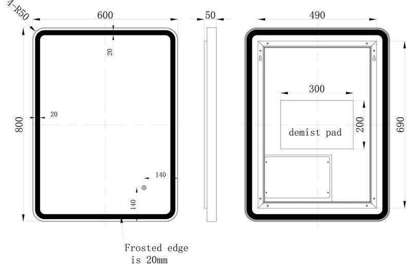 Kniveton 600mm Rectangle Front-Lit LED Mirror - Matt Black
