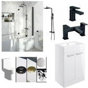 L Shape Shower Bath Pack, Serpens Toilet, White Floor Standing Vanity, Black Taps and Shower