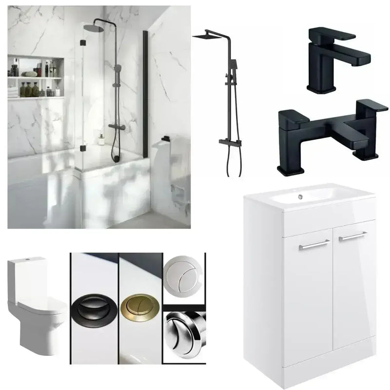 L Shape Shower Bath Pack, Serpens Toilet, White Floor Standing Vanity, Black Taps and Shower