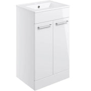 L Shape Shower Bath Pack, Serpens Toilet, White Floor Standing Vanity, Black Taps and Shower