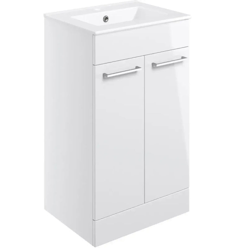 L Shape Shower Bath Pack, Serpens Toilet, White Floor Standing Vanity, Black Taps and Shower