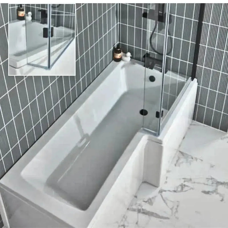 L Shape Shower Bath Pack, Serpens Toilet, White Floor Standing Vanity, Black Taps and Shower