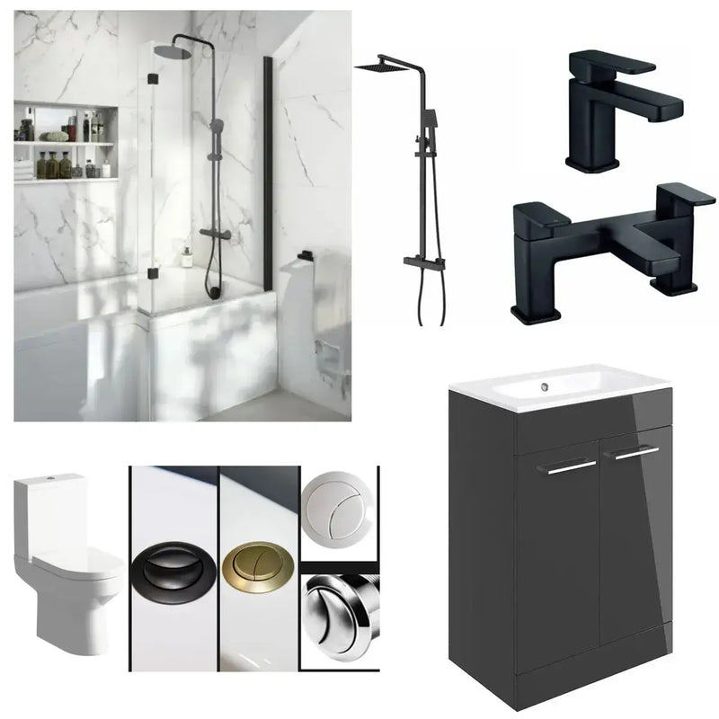 L Shape Shower Bath Pack with Toilet, 2 Door Basin Unit, Taps and Shower