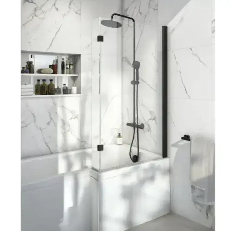 L Shaped Bath Vanity Pack with Black Taps, Dual Head Shower & Accessories