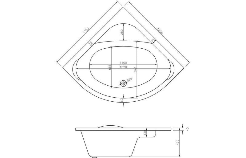 Lagune Corner Bath, 1350 x 1350mm, White, Includes Optional Panel & Legs/Fixings