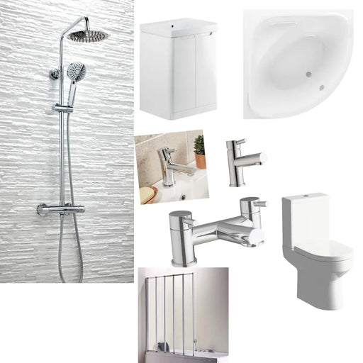 Lagune Corner Bath with Bath Screen Pack, Toilet, Basin, Tap and Mixer Shower
