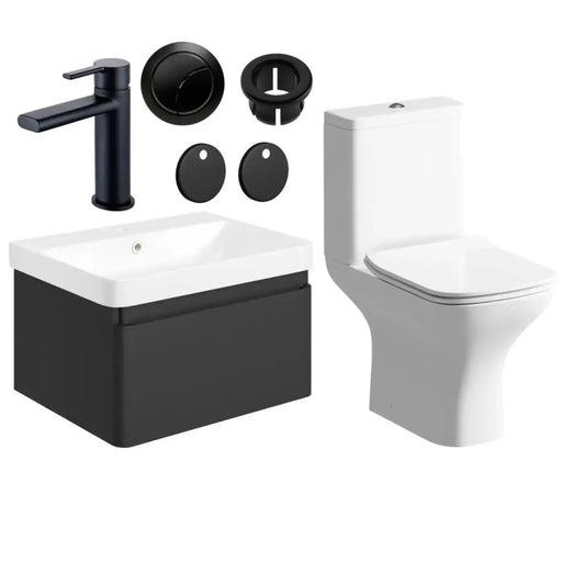 Leo 600mm Wall Hung Basin Unit & Cedare WC Pack with Evolve Matt Black Mixer Tap