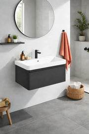 Leo 800mm Wall Hung 1 Drawer Basin Unit & Ceramic Basin - Matt Black