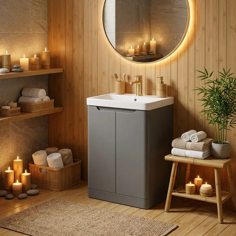 Libras 500mm 2 Door Basin Unit Matt Grey, Includes Ceramic Basin