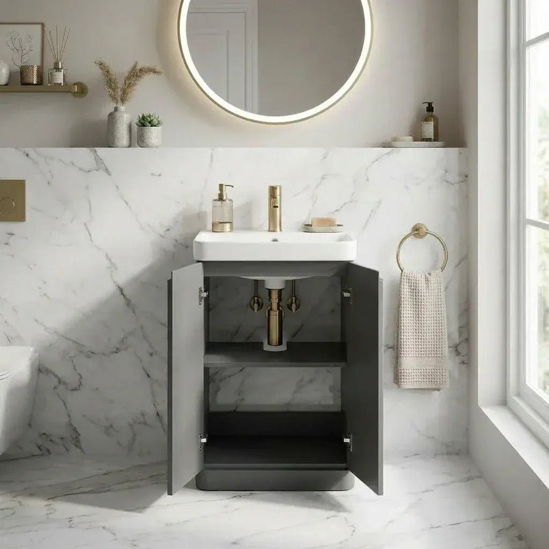 Libras 500mm 2 Door Basin Unit Matt Grey, Includes Ceramic Basin