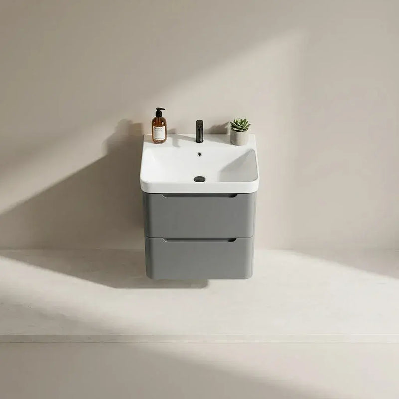 Libras 500mm 2 Drawer Wall Hung Cloakroom Basin Unit, Matt Grey, Includes Ceramic Basin