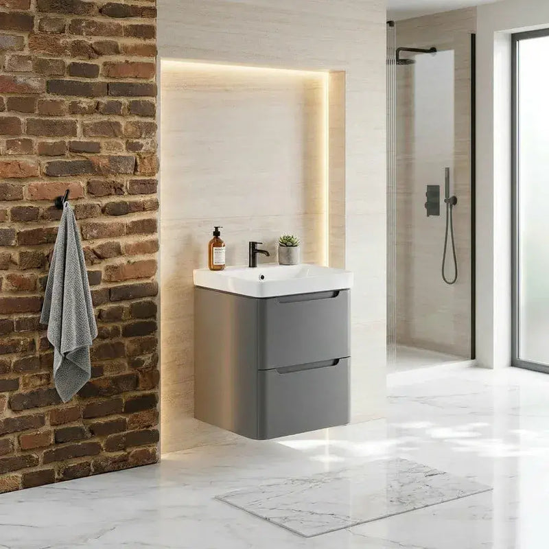 Libras 500mm 2 Drawer Wall Hung Cloakroom Basin Unit, Matt Grey, Includes Ceramic Basin