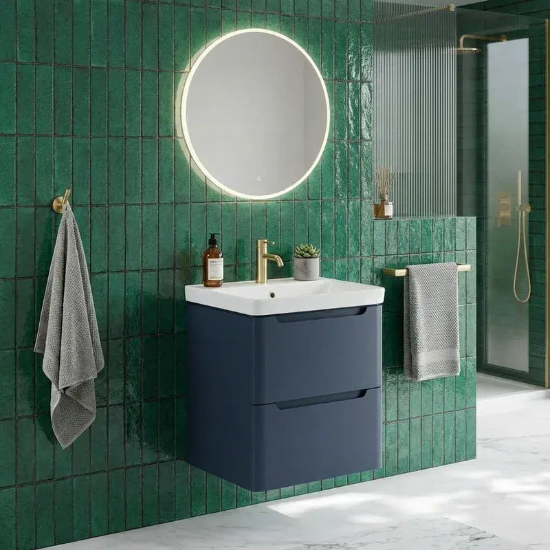 Libras 500mm 2 Drawer Wall Hung Cloakroom Basin Unit, Matt Indigo, Includes Ceramic Basin