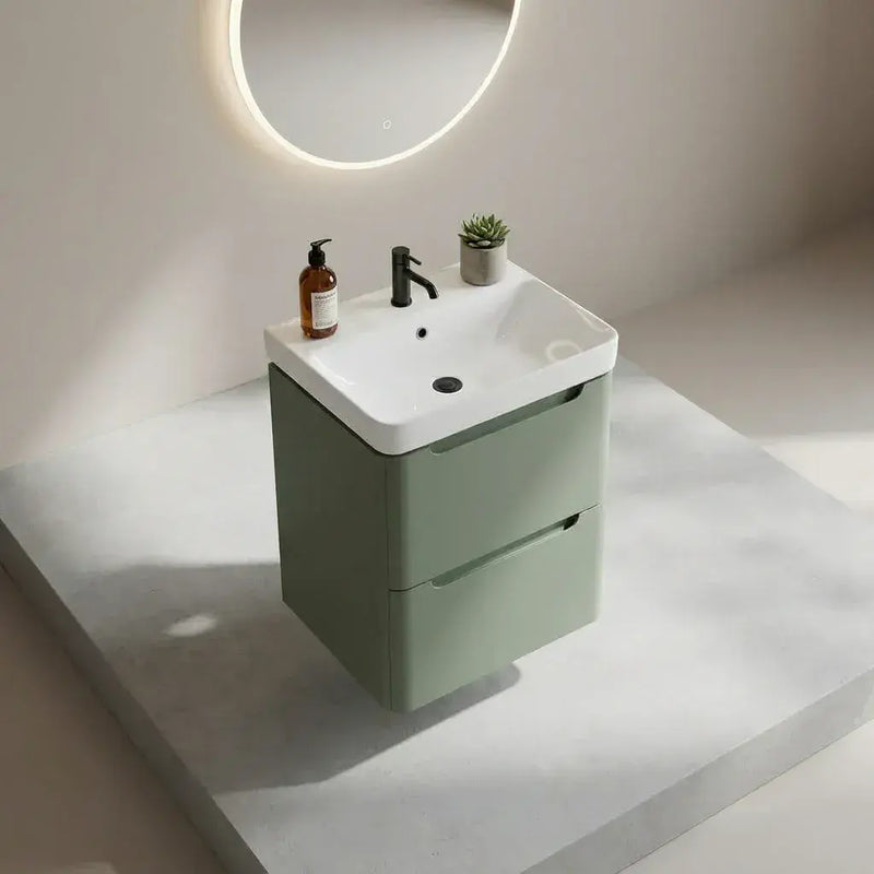 Libras 500mm 2 Drawer Wall Hung Cloakroom Basin Unit, Matt Sage Green, Includes Ceramic Basin