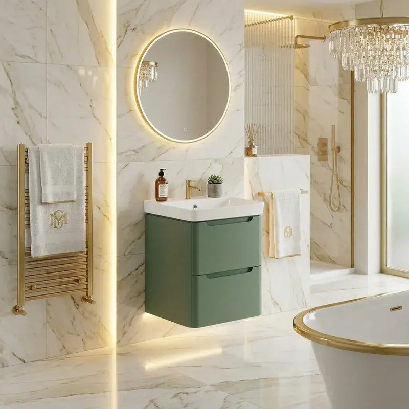 Libras 500mm 2 Drawer Wall Hung Cloakroom Basin Unit, Matt Sage Green, Includes Ceramic Basin