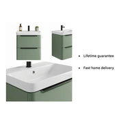Libras 500mm 2 Drawer Wall Hung Cloakroom Basin Unit, Matt Sage Green, Includes Ceramic Basin