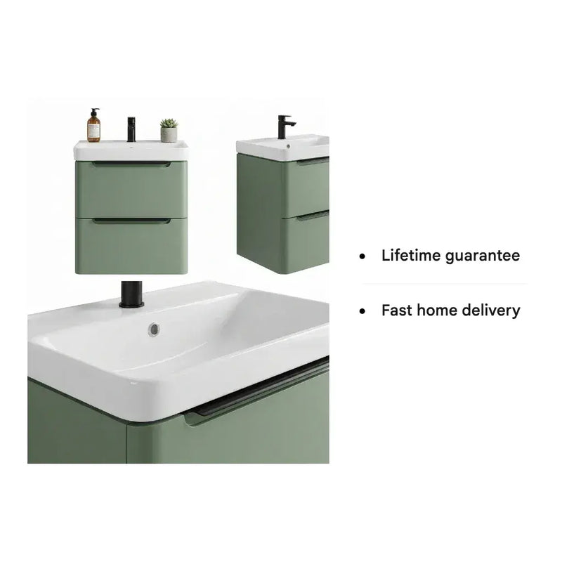 Libras 500mm 2 Drawer Wall Hung Cloakroom Basin Unit, Matt Sage Green, Includes Ceramic Basin