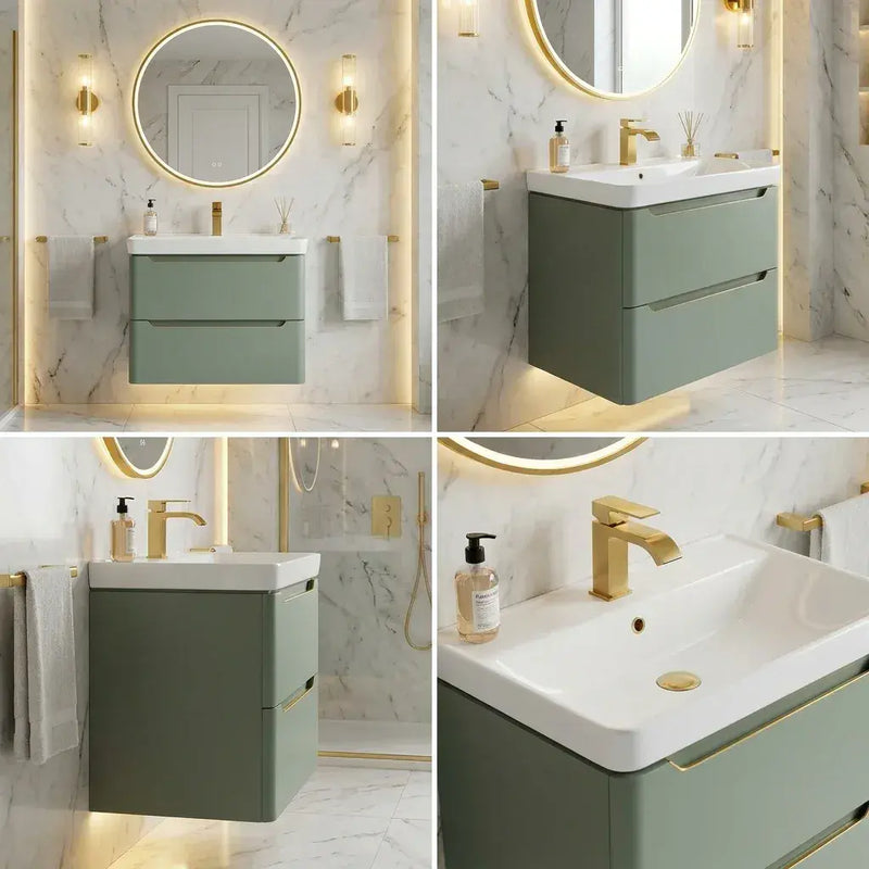 Libras 500mm 2 Drawer Wall Hung Cloakroom Basin Unit, Matt Sage Green, Includes Ceramic Basin